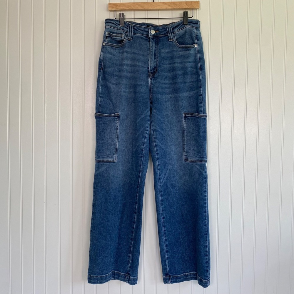 Judy Blue Womens Wide‎ Leg Cargo Jeans Size 13/31 Denim Stretch Medium Wash
